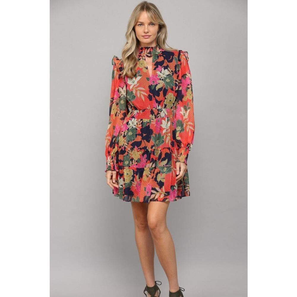 FATE Floral NWT Long Sleeve Smocked Waist Mini Dress Rust Fall Boho M